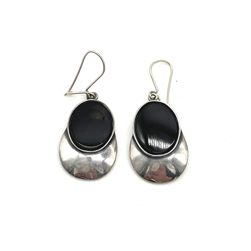 Vintage 925 Sterling Silver Black Onyx Oval Drop Dangle Earrings French Hook